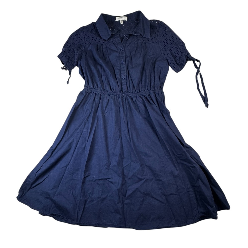 Monteau Los Angeles Women's Navy Blue Eyelet Short Sleeve Shirt Dress Size L
